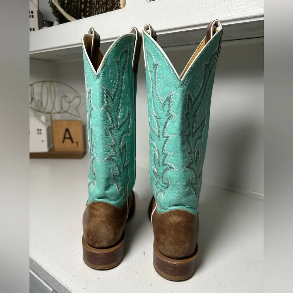 Justin Women’s 8B Cowboy Boots Brown Leather & Turquoise Western Handmade USA - Picture 6 of 9